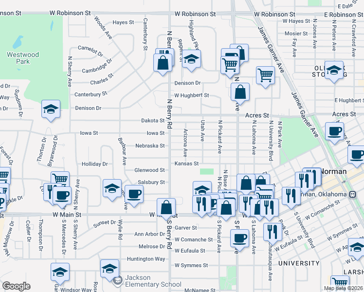 map of restaurants, bars, coffee shops, grocery stores, and more near 920 Nebraska Street in Norman