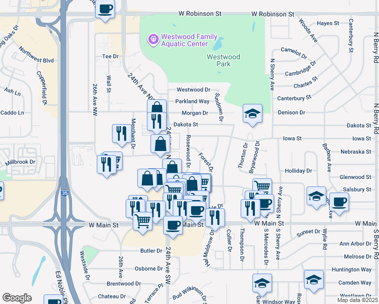 map of restaurants, bars, coffee shops, grocery stores, and more near 329 Rosewood Drive in Norman
