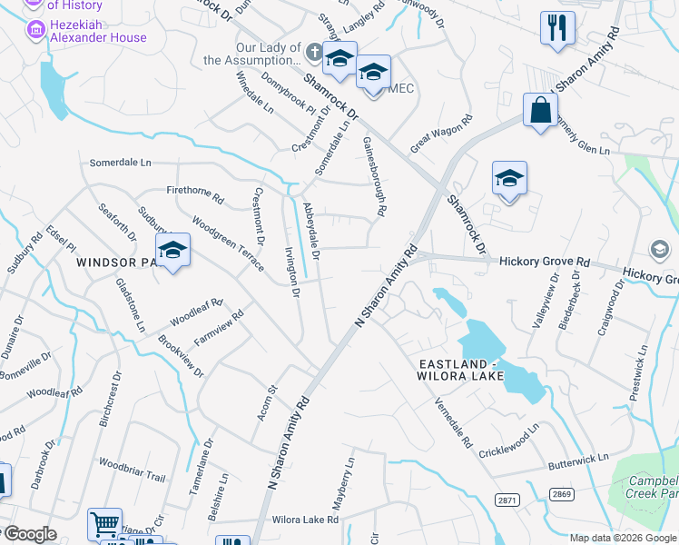 map of restaurants, bars, coffee shops, grocery stores, and more near 4310 Woodgreen Terrace in Charlotte