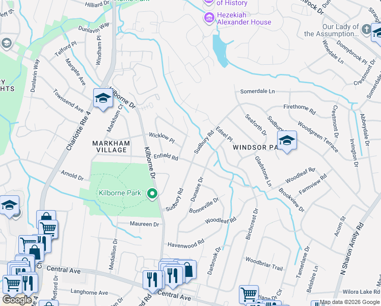 map of restaurants, bars, coffee shops, grocery stores, and more near 3310 Sudbury Road in Charlotte