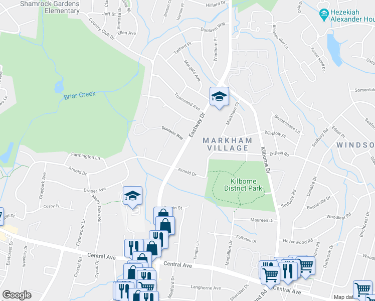 map of restaurants, bars, coffee shops, grocery stores, and more near 2539 Eastway Drive in Charlotte