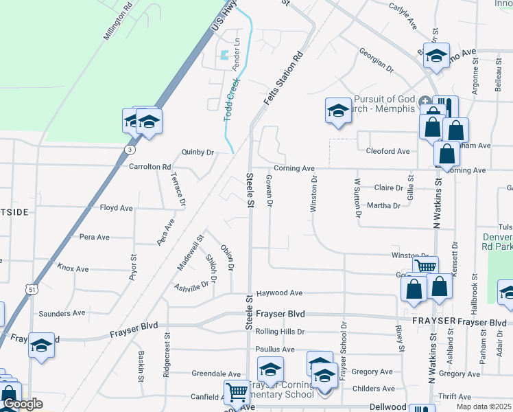 map of restaurants, bars, coffee shops, grocery stores, and more near 3565 Steele Street in Memphis