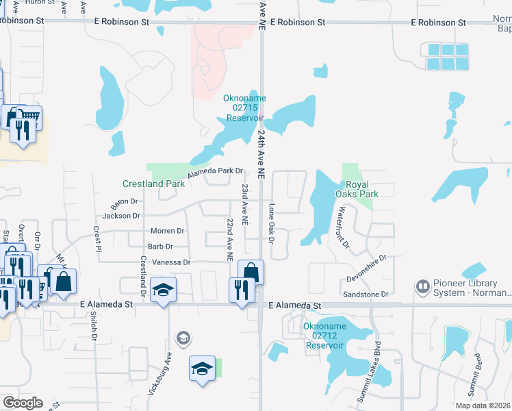 map of restaurants, bars, coffee shops, grocery stores, and more near 2300 Paul Court in Norman