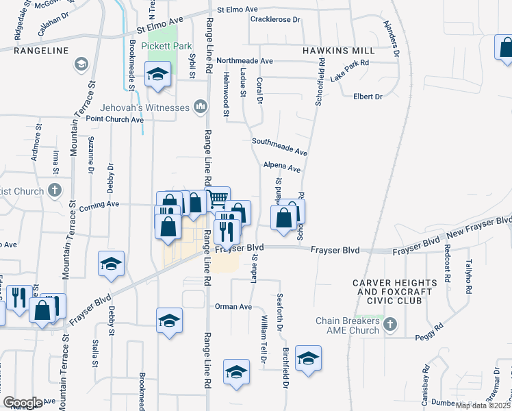 map of restaurants, bars, coffee shops, grocery stores, and more near 3579 Ladue Street in Memphis