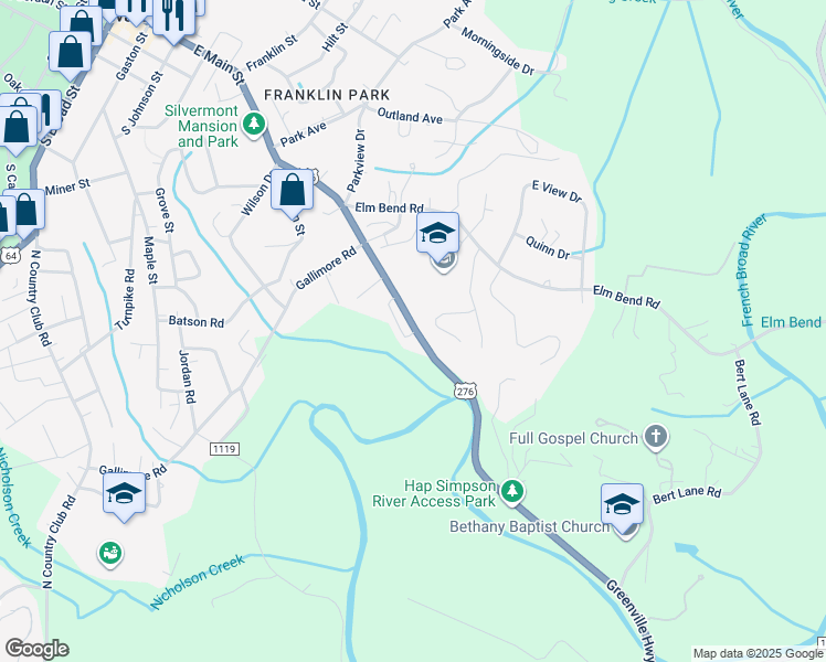 map of restaurants, bars, coffee shops, grocery stores, and more near 486 Greenville Highway in Brevard