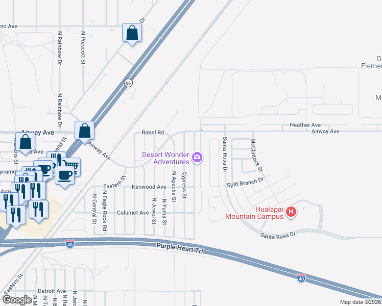 map of restaurants, bars, coffee shops, grocery stores, and more near 3445 North Sage Street in Kingman