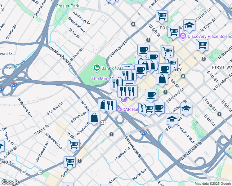 map of restaurants, bars, coffee shops, grocery stores, and more near 685s South Church Street in Charlotte