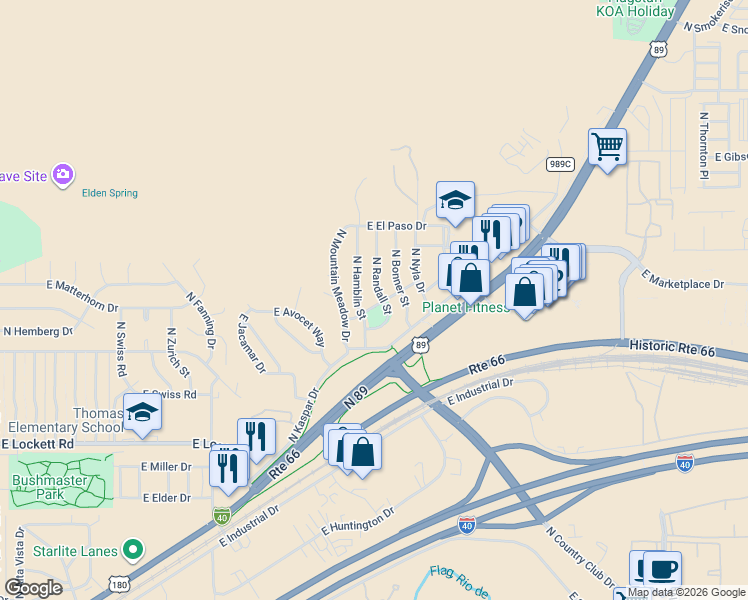 map of restaurants, bars, coffee shops, grocery stores, and more near 3910 East Philip Avenue in Flagstaff