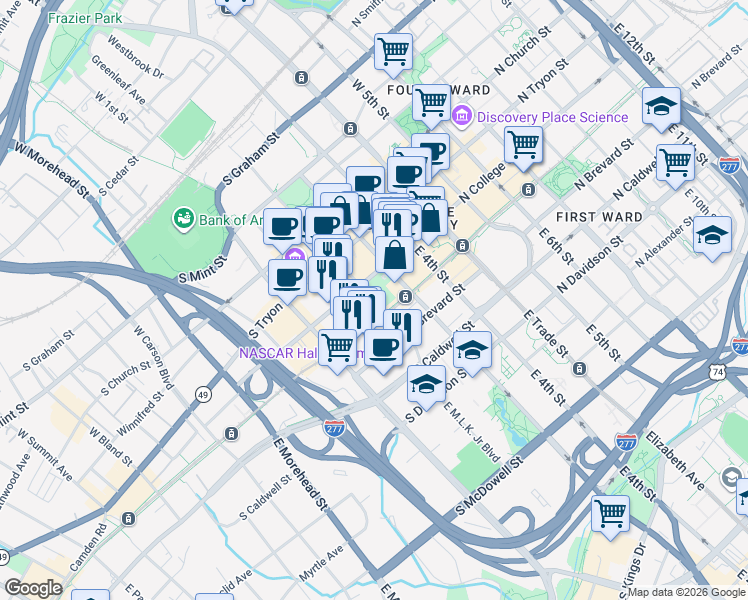 map of restaurants, bars, coffee shops, grocery stores, and more near 255 East Martin Luther King JR Boulevard in Charlotte