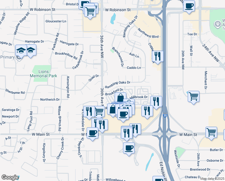 map of restaurants, bars, coffee shops, grocery stores, and more near 3517 Brookford Drive in Norman