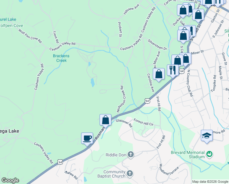 map of restaurants, bars, coffee shops, grocery stores, and more near 61 Spring Cove Drive in Brevard