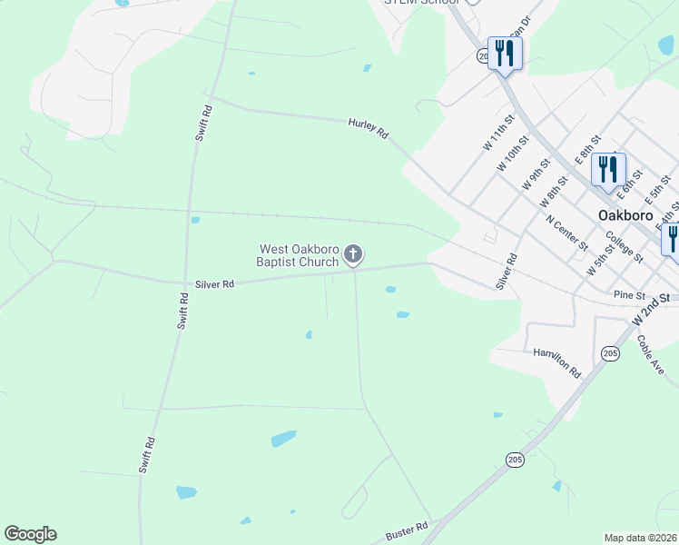 map of restaurants, bars, coffee shops, grocery stores, and more near 16778 Silver Road in Oakboro