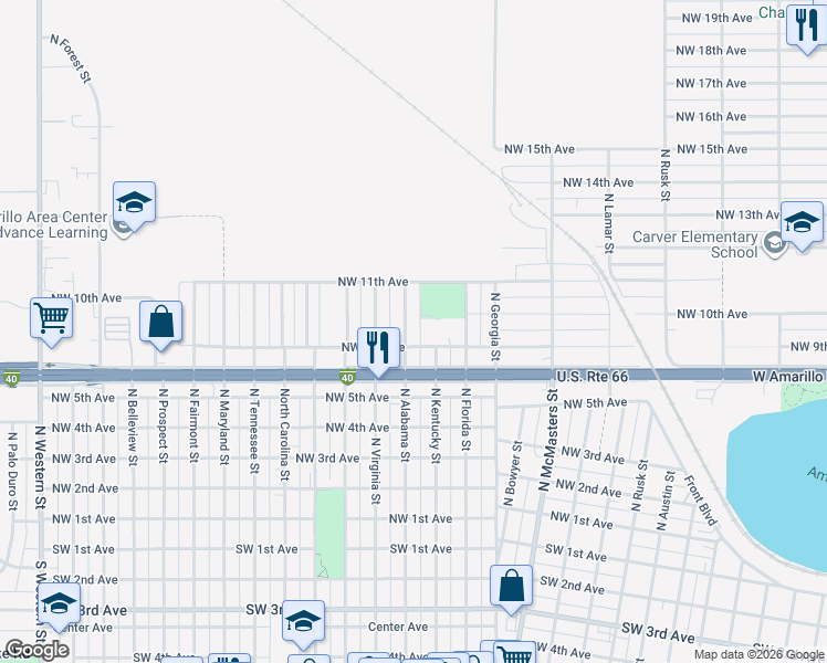 map of restaurants, bars, coffee shops, grocery stores, and more near 810 North Alabama Street in Amarillo