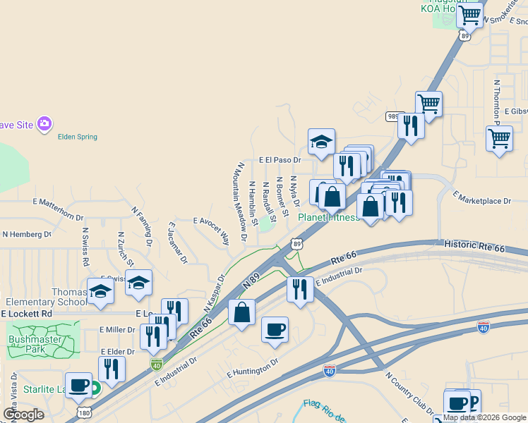 map of restaurants, bars, coffee shops, grocery stores, and more near 3910 East Philip Avenue in Flagstaff