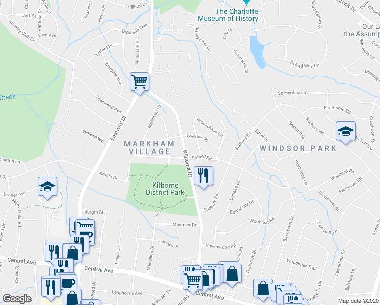 map of restaurants, bars, coffee shops, grocery stores, and more near 3020 Enfield Rd in Charlotte