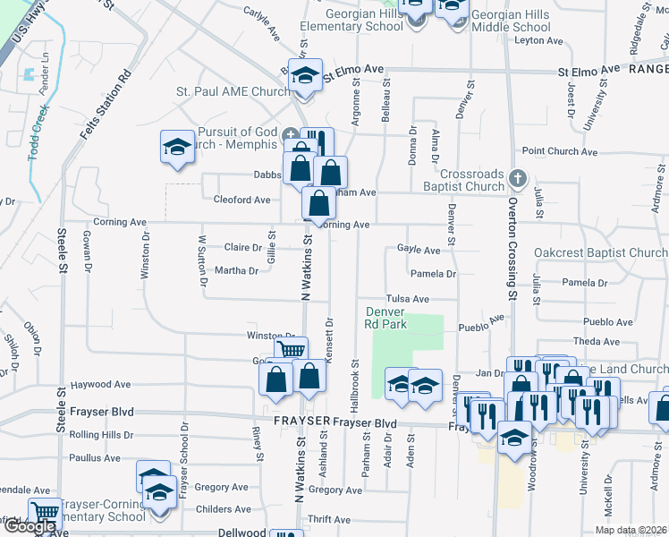 map of restaurants, bars, coffee shops, grocery stores, and more near 3564 Kensett Drive in Memphis