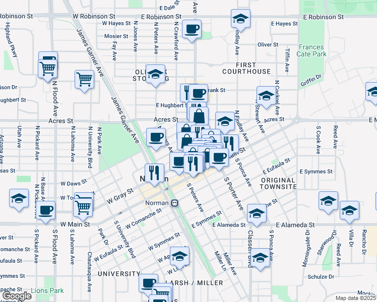 map of restaurants, bars, coffee shops, grocery stores, and more near 227 East Gray Street in Norman