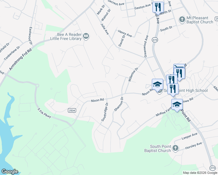 map of restaurants, bars, coffee shops, grocery stores, and more near 1817 Southridge Drive in Belmont