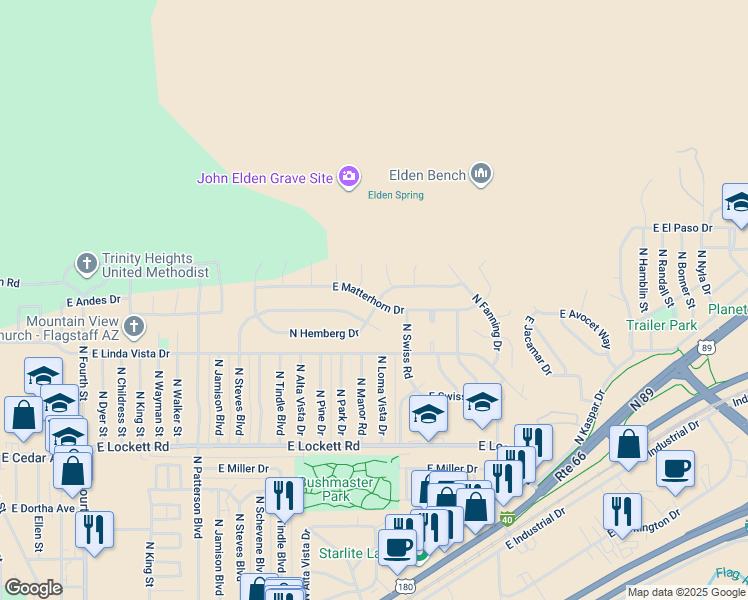 map of restaurants, bars, coffee shops, grocery stores, and more near 2810 East Matterhorn Drive in Flagstaff