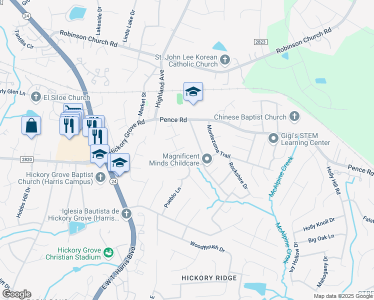 map of restaurants, bars, coffee shops, grocery stores, and more near 6620 Touchwood Drive in Charlotte