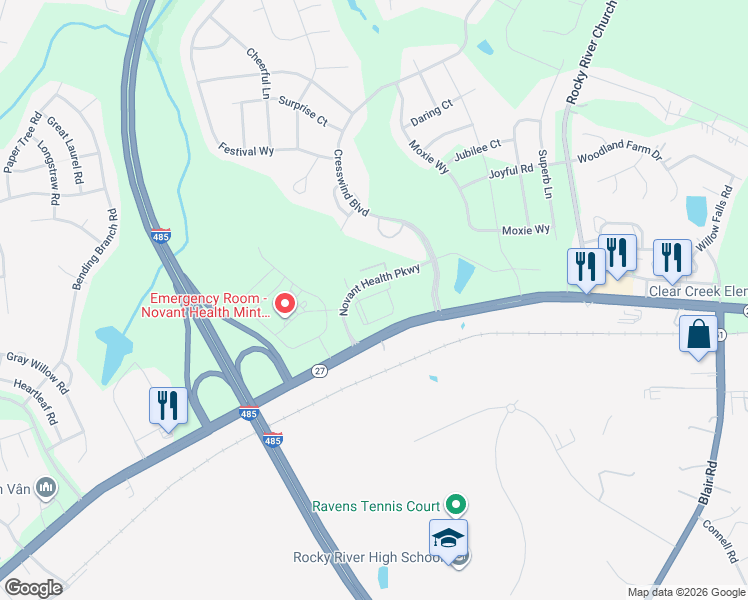 map of restaurants, bars, coffee shops, grocery stores, and more near 12401 North Carolina 24 in Charlotte
