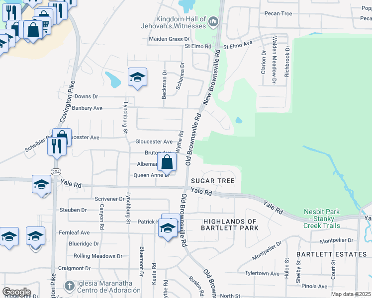 map of restaurants, bars, coffee shops, grocery stores, and more near 3577 Old Brownsville Road in Memphis