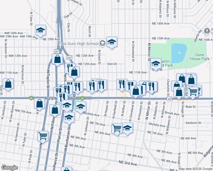 map of restaurants, bars, coffee shops, grocery stores, and more near 813 Northeast 9th Avenue in Amarillo