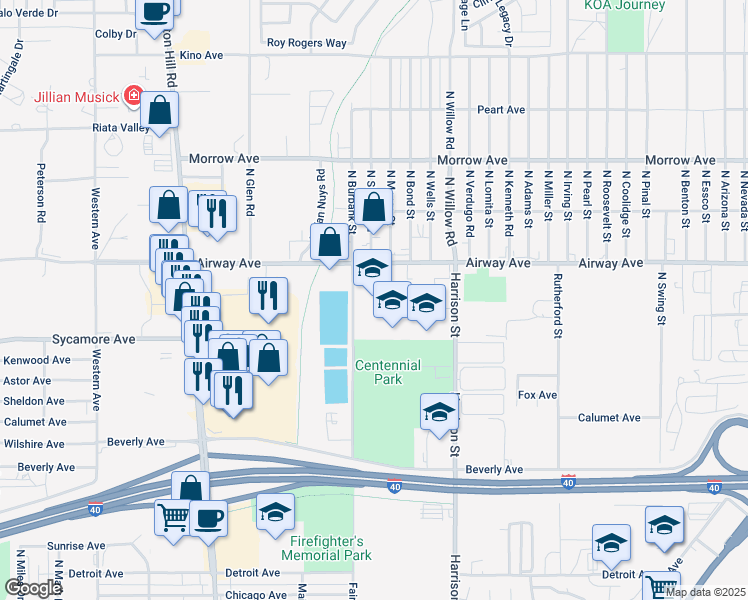 map of restaurants, bars, coffee shops, grocery stores, and more near 3420 North Burbank Street in Kingman