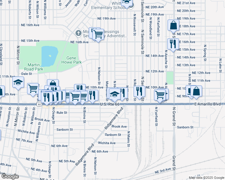 map of restaurants, bars, coffee shops, grocery stores, and more near 3005 Northeast 9th Avenue in Amarillo