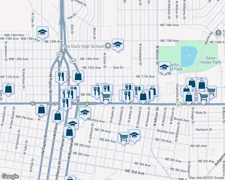 map of restaurants, bars, coffee shops, grocery stores, and more near 813 Northeast 9th Avenue in Amarillo
