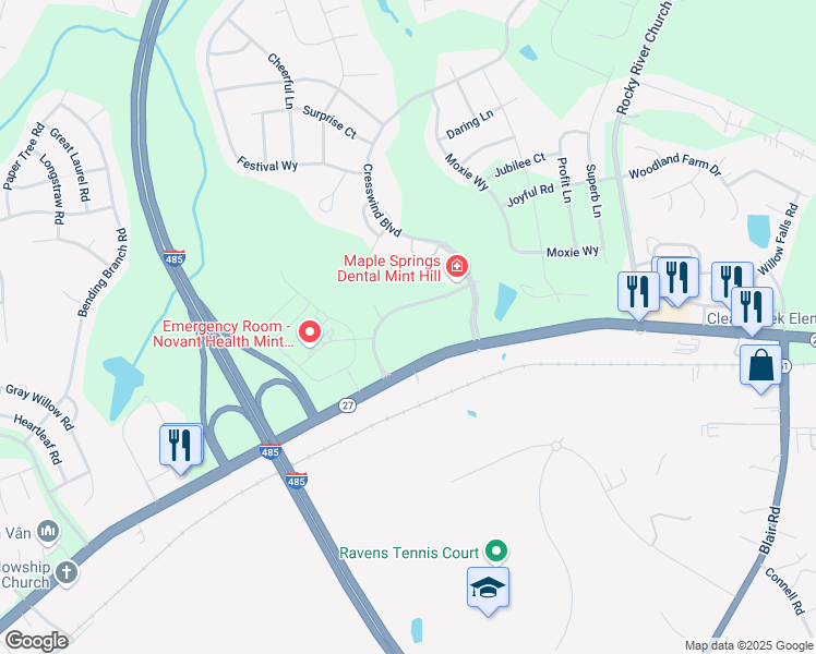 map of restaurants, bars, coffee shops, grocery stores, and more near 12401 North Carolina 24 in Charlotte