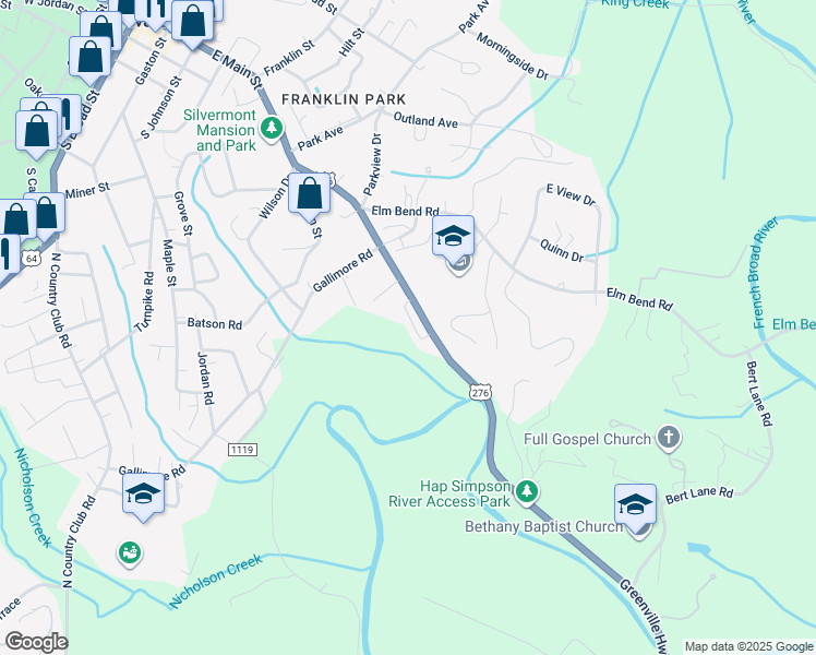 map of restaurants, bars, coffee shops, grocery stores, and more near 486 Greenville Highway in Brevard