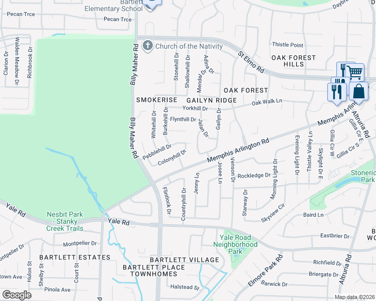 map of restaurants, bars, coffee shops, grocery stores, and more near 6090 Memphis Arlington Road in Memphis