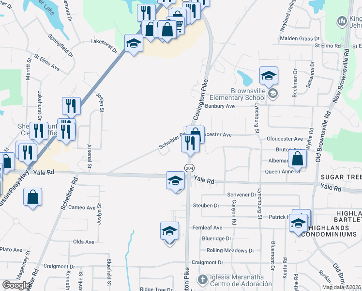 map of restaurants, bars, coffee shops, grocery stores, and more near 5001 Scheibler Road in Memphis