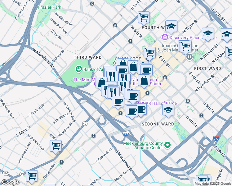 map of restaurants, bars, coffee shops, grocery stores, and more near 525 South Tryon Street in Charlotte
