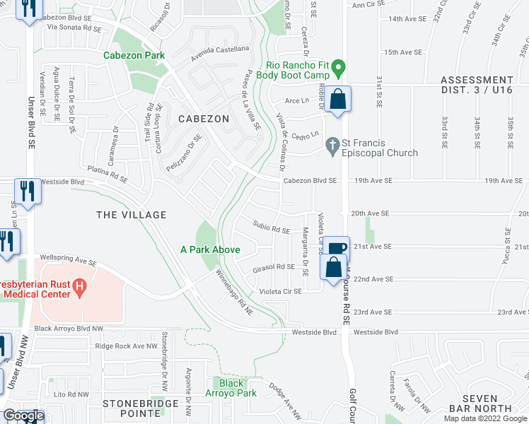 map of restaurants, bars, coffee shops, grocery stores, and more near 2917 Violeta Circle Southeast in Rio Rancho