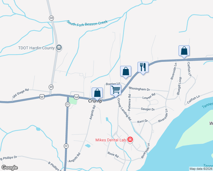 map of restaurants, bars, coffee shops, grocery stores, and more near 150 Borden Lane in Crump