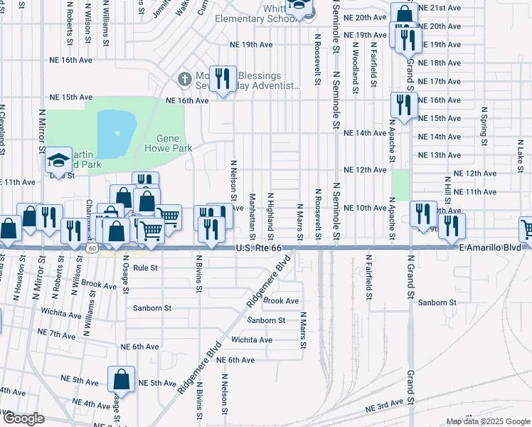 map of restaurants, bars, coffee shops, grocery stores, and more near 3005 Northeast 9th Avenue in Amarillo