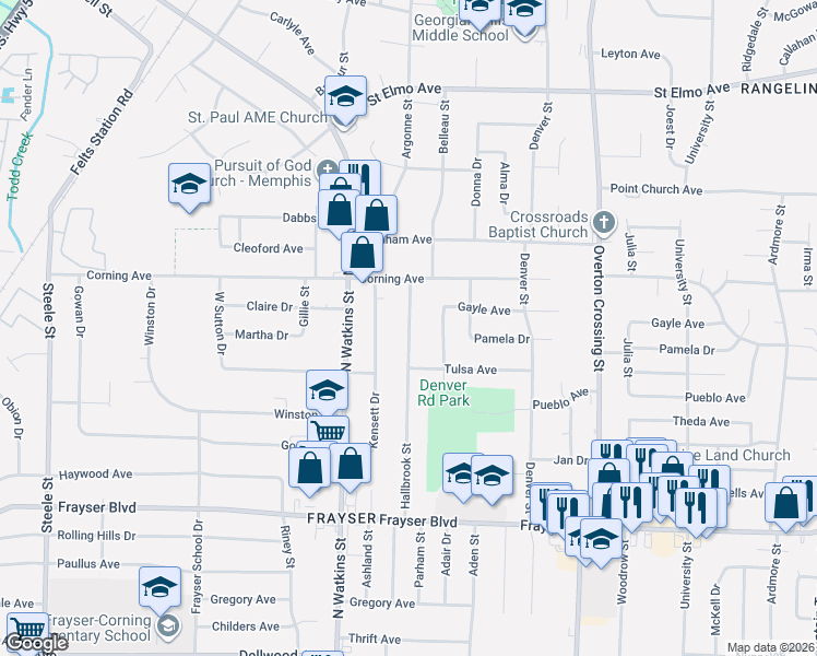 map of restaurants, bars, coffee shops, grocery stores, and more near 3564 Kensett Drive in Memphis