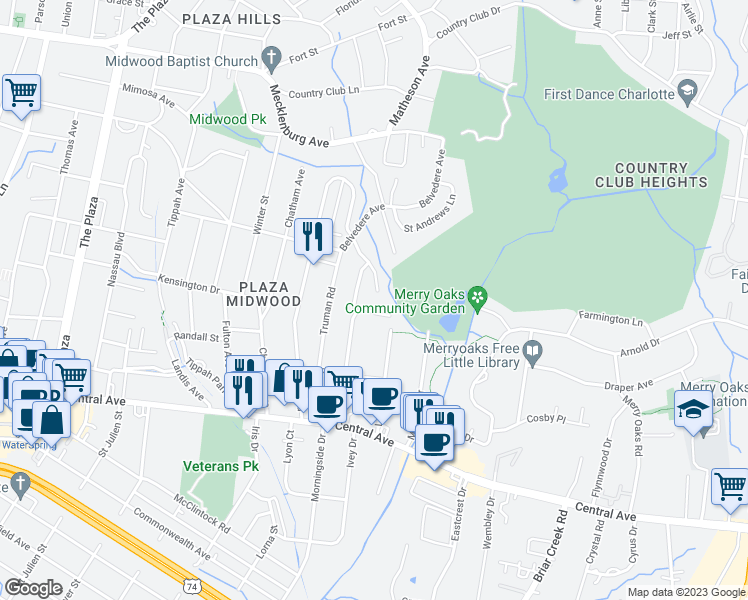 map of restaurants, bars, coffee shops, grocery stores, and more near 2001 Sablewood Drive in Charlotte