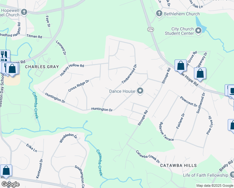 map of restaurants, bars, coffee shops, grocery stores, and more near 4455 Huntington Drive in Gastonia