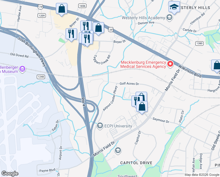 map of restaurants, bars, coffee shops, grocery stores, and more near 5039 Airport Center Parkway in Charlotte