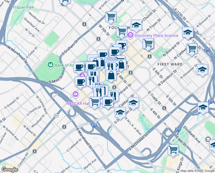 map of restaurants, bars, coffee shops, grocery stores, and more near 301 South College Street in Charlotte