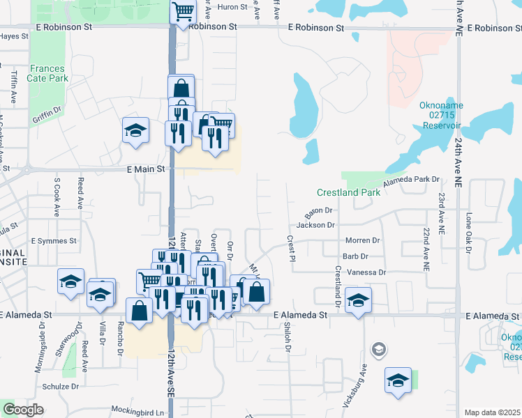 map of restaurants, bars, coffee shops, grocery stores, and more near 1525 Glencliff Drive in Norman