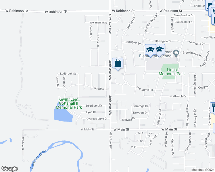 map of restaurants, bars, coffee shops, grocery stores, and more near 405 Winston Drive in Norman