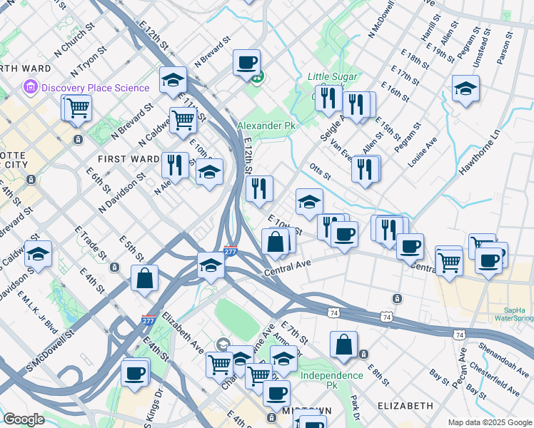 map of restaurants, bars, coffee shops, grocery stores, and more near Seigle Ave & E 10th St in Charlotte