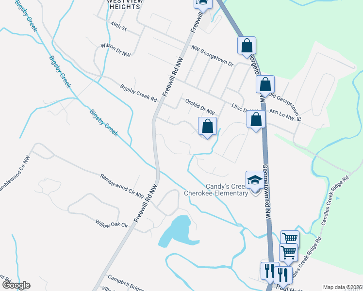 map of restaurants, bars, coffee shops, grocery stores, and more near 202 Cottonwood Bend Drive Northwest in Cleveland