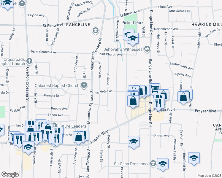 map of restaurants, bars, coffee shops, grocery stores, and more near 3563 Debby Drive in Memphis