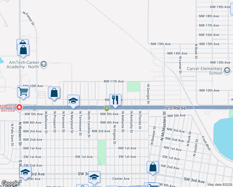 map of restaurants, bars, coffee shops, grocery stores, and more near 900 North Virginia Street in Amarillo