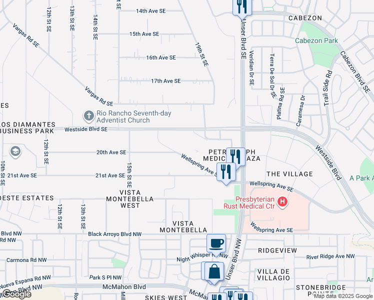 map of restaurants, bars, coffee shops, grocery stores, and more near 1801 Ronda Road Southeast in Rio Rancho